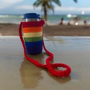 Crochet Rainbow Crossbody Bottle Holder with adjustable straps
